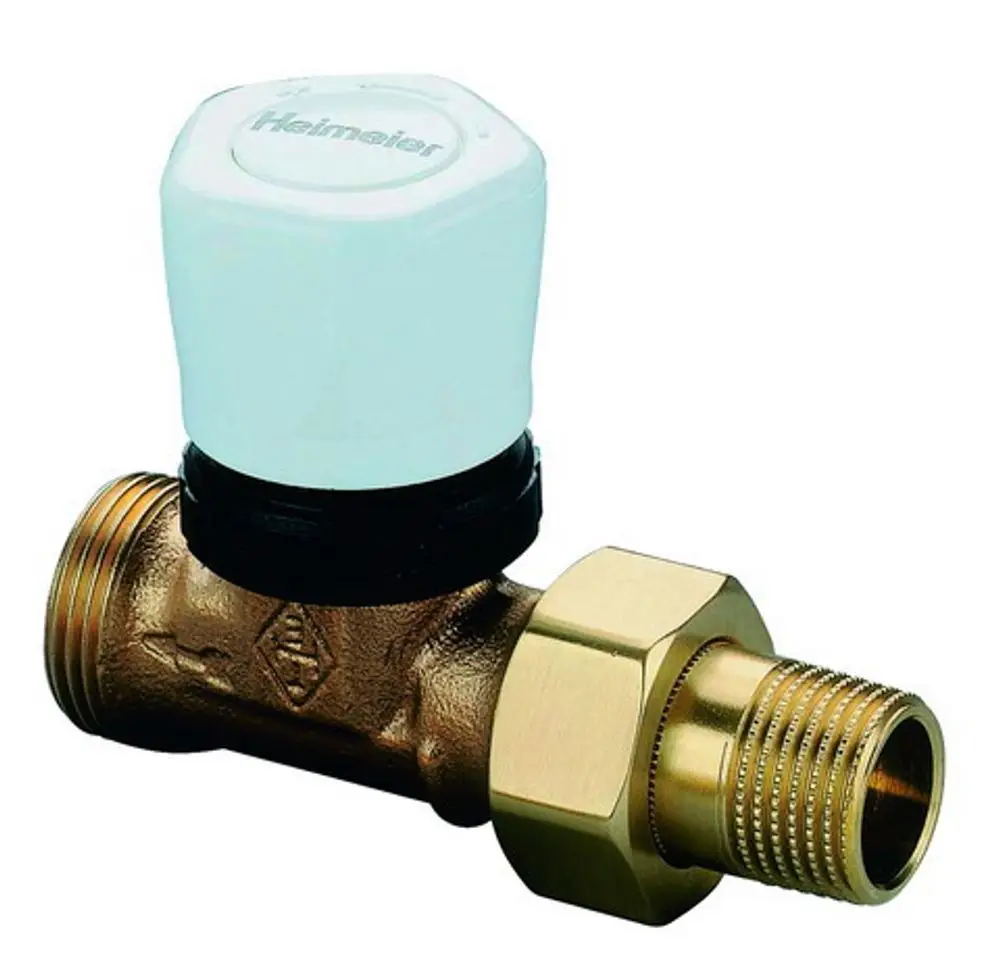 Vorlauf-Regulierventil aus Messing mit einer weißen Kunststoffoberfläche, hergestellt von IMI Hydronic Engineering, zur Regelung des Wasserflusses in Heizsystemen.